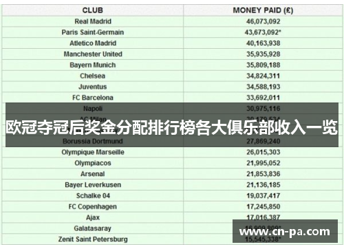 欧冠夺冠后奖金分配排行榜各大俱乐部收入一览
