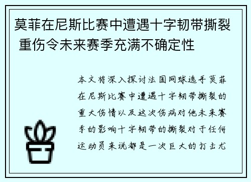 莫菲在尼斯比赛中遭遇十字韧带撕裂 重伤令未来赛季充满不确定性 莫菲在尼斯比赛中遭遇十字韧带撕裂 重伤令未来赛季充满不确定性